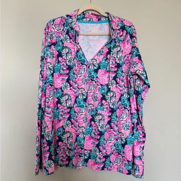 Lilly Pulitzer Turquoise Trim Floral Tunic - Pink, Navy & Teal - Picture 2 of 5